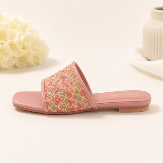 Rosé Bloom Mesh Embroidered Slides – Blush Pink