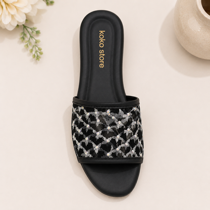 Midnight Spark Mesh Embellished Slides – Black