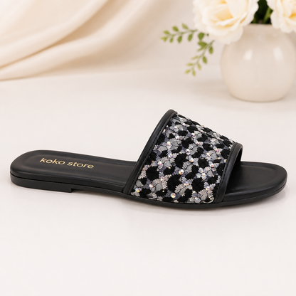 Midnight Spark Mesh Embellished Slides – Black
