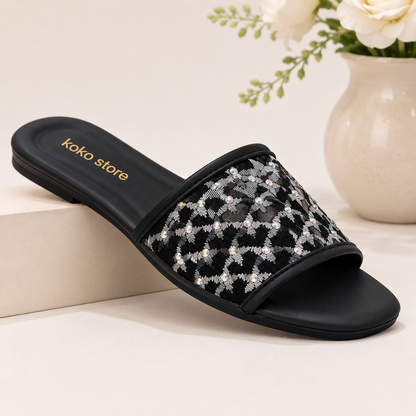 Midnight Spark Mesh Embellished Slides – Black
