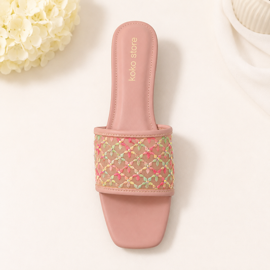 Rosé Bloom Mesh Embroidered Slides – Blush Pink